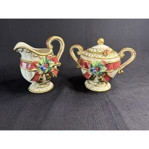 Fitz and Floyd Christmas Creamer With Spoon And Sugar Bowl Set Porcelain